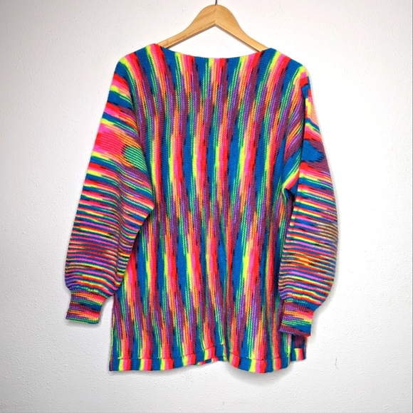 Vintage 80s Handmade Neon Multi Bright Stripe Knit Tunic Sweater - Picture 10 of 12